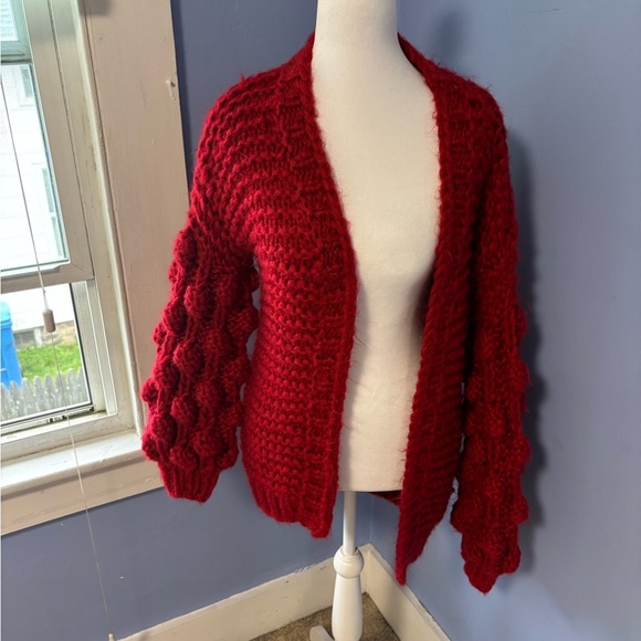 Cozy Red Open Front Knit Cardigan - Picture 4 of 7